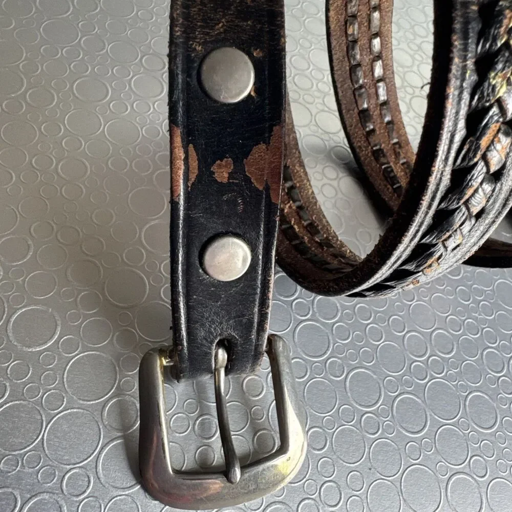 Vintage Distressed Black Leather Braided Belt Snap Interchangeable Western Sz 36